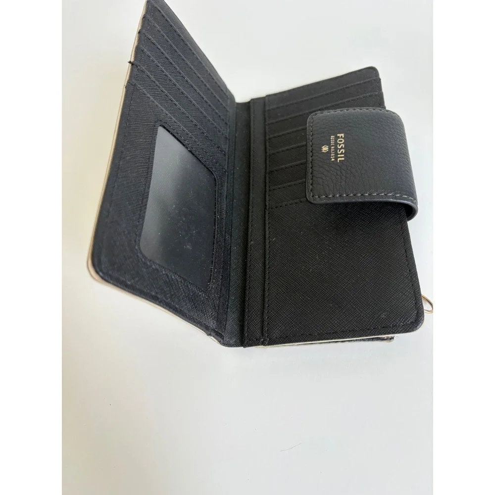Fossil White Gold Polka‎ Dot Bifold Clutch Wallet Black Leather Snap Tab